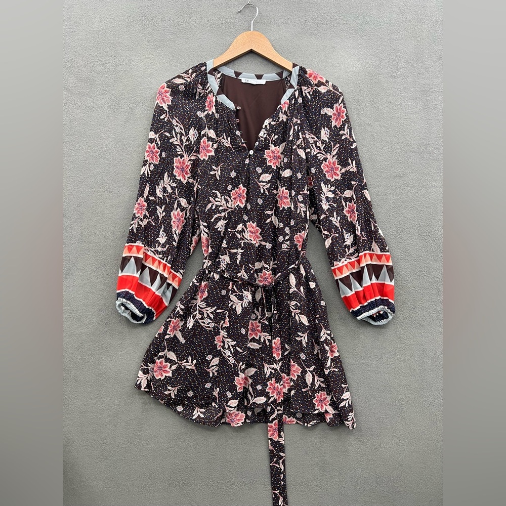 DR2 Women’s Small Floral Mini Dress Tie Waist Balloon Sleeve Brown Pink